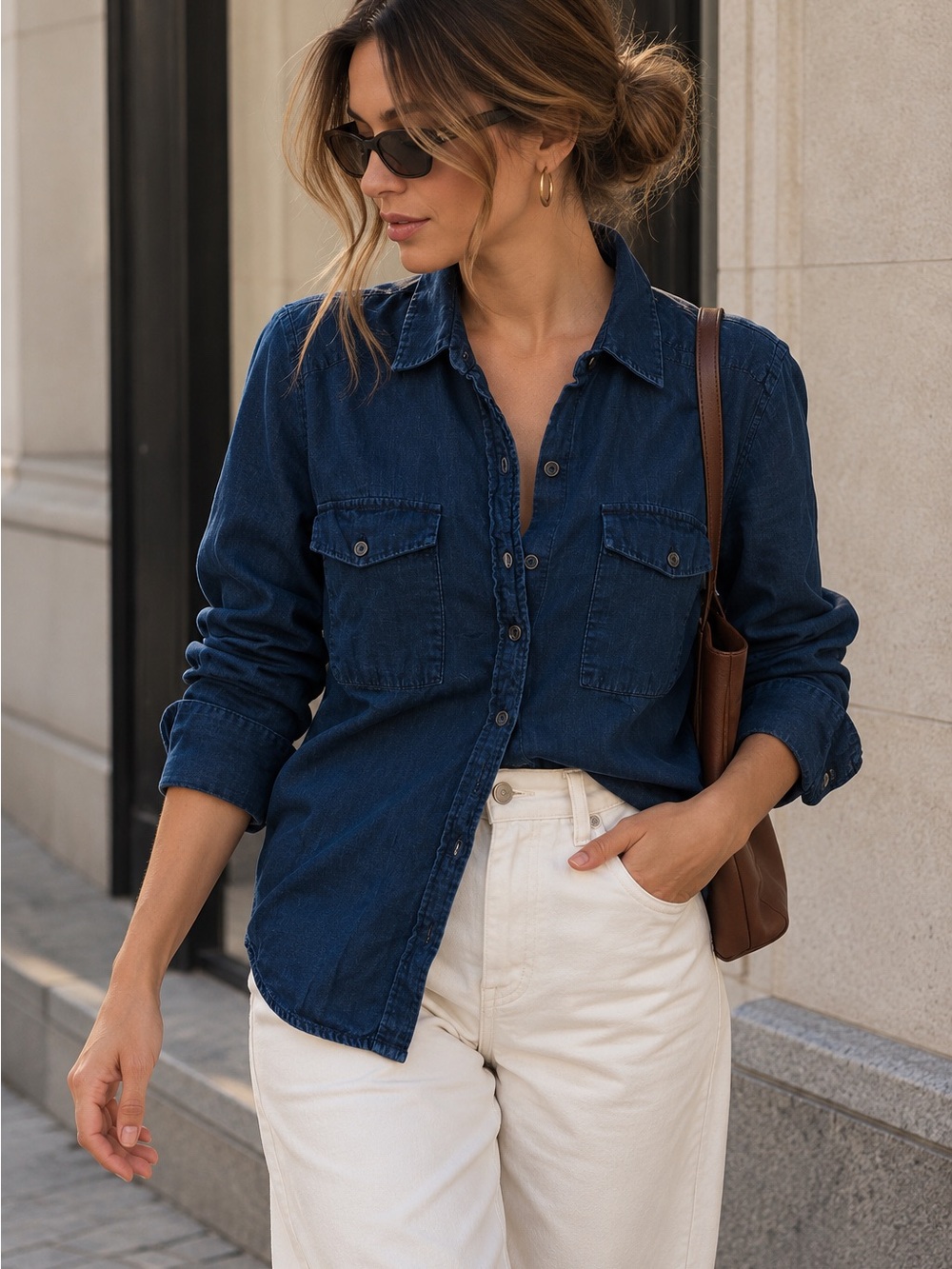 Zara Woman Premium Denimwear Blue Denim Button Down Shirt Size S